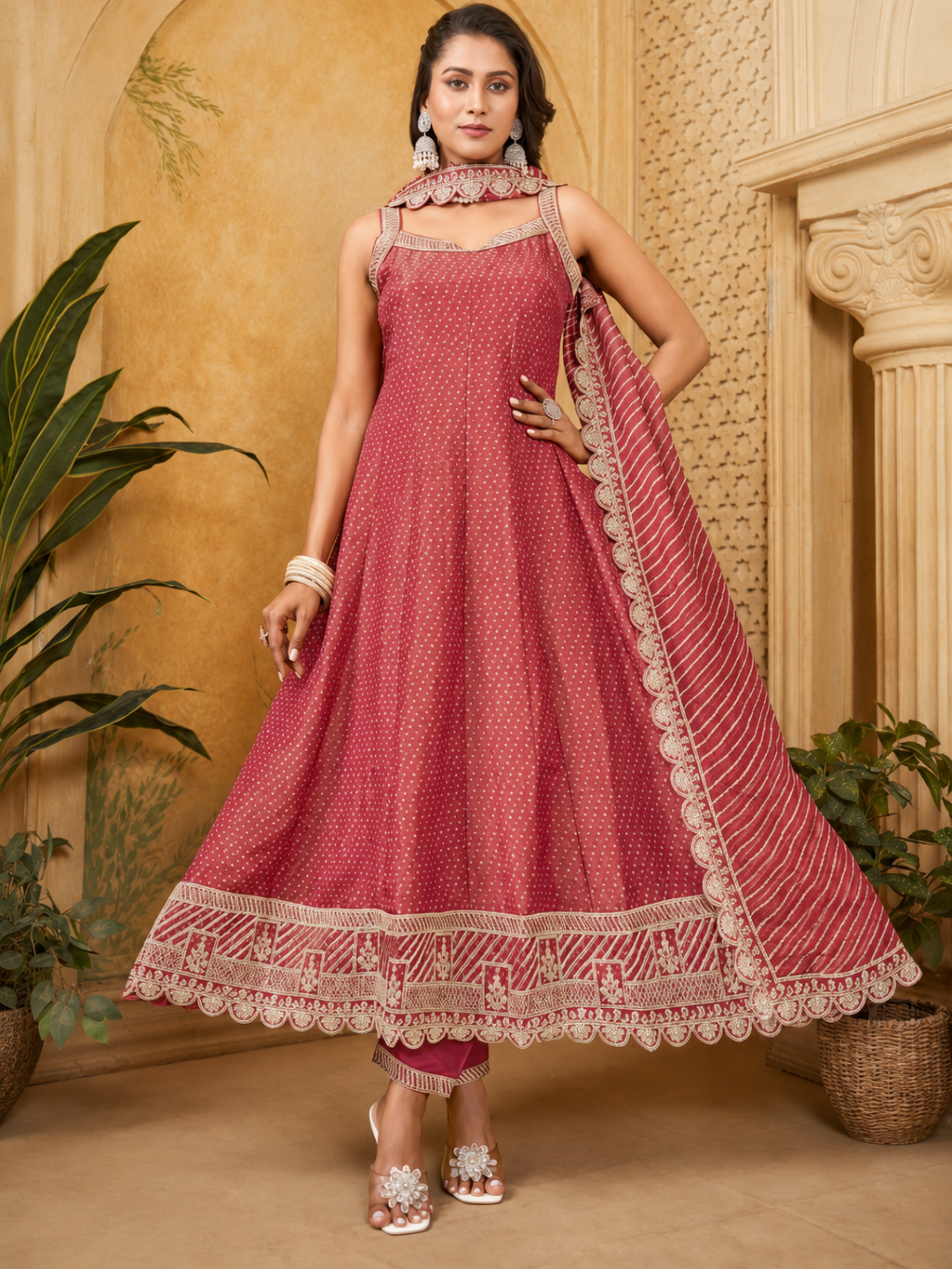 Rose Pink Embroidered Anarkali Suit Set with Designer Dupatta