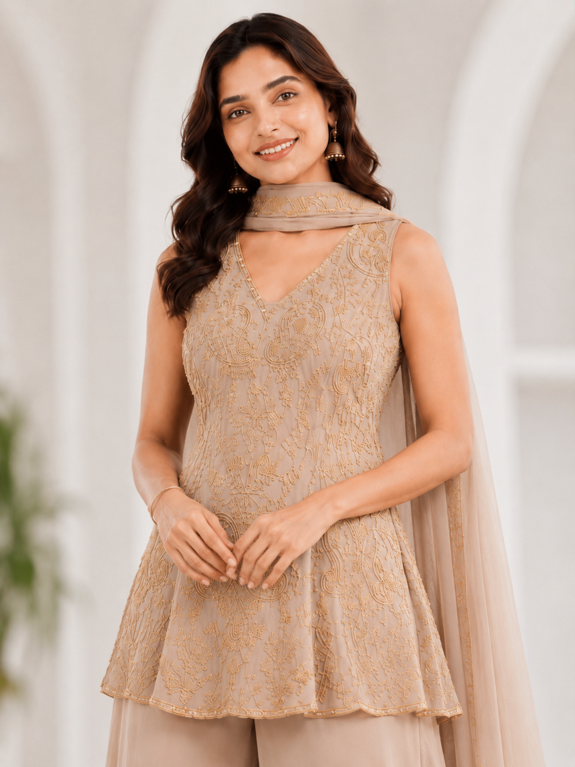 Women's Champagne mbroidered Peplum Kurti with Flared Sharara & Neck Scarf Set - Image 3