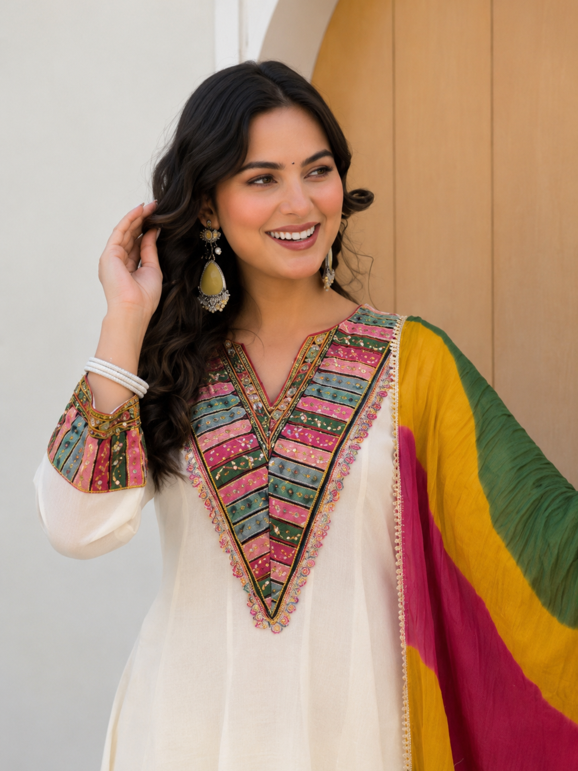 Siddhivinayak Premium White Cotton Anarkali Suit Set with Designer Leheriya Dupatta - Image 2