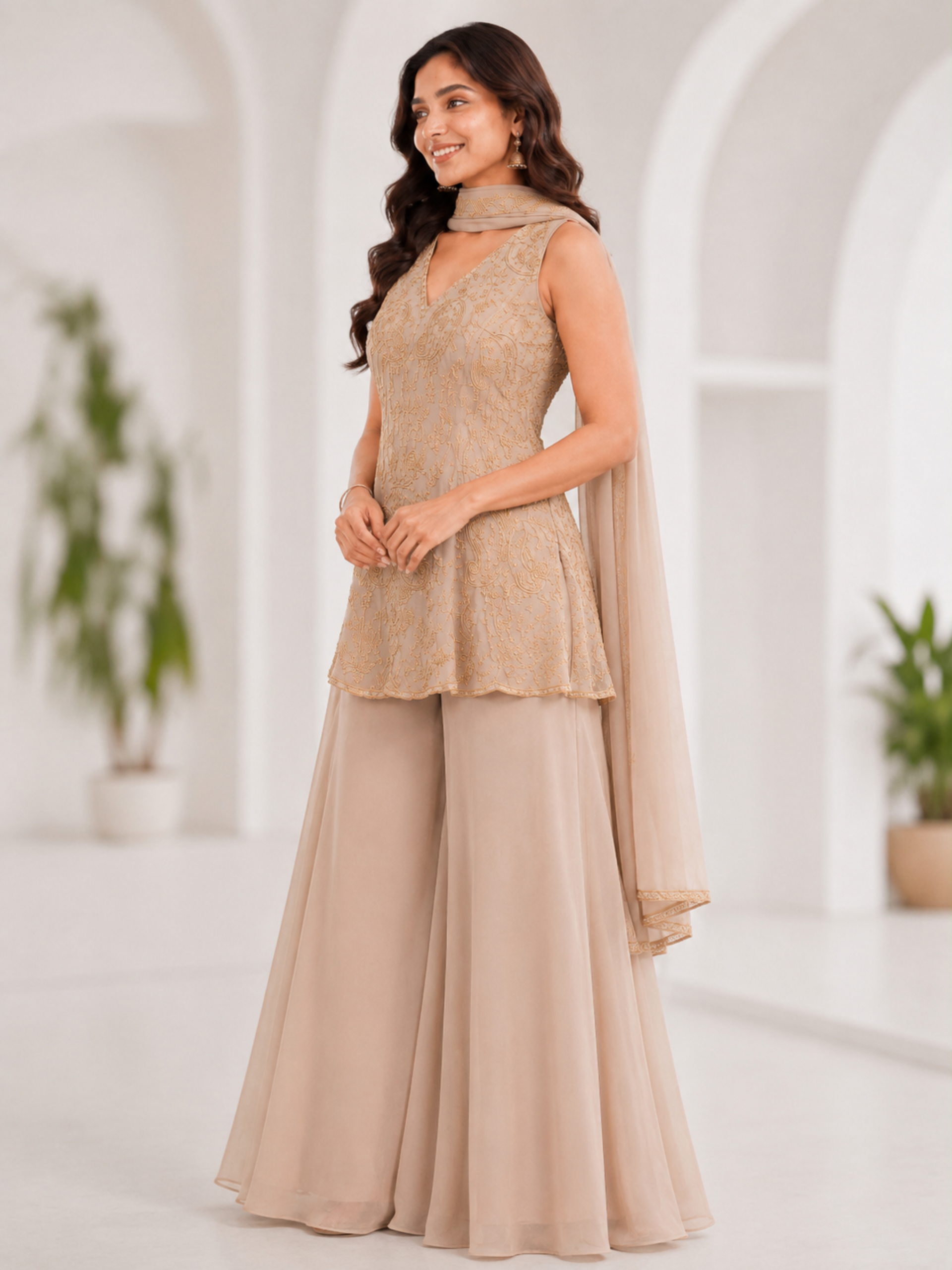 Women's Champagne mbroidered Peplum Kurti with Flared Sharara & Neck Scarf Set - Image 2