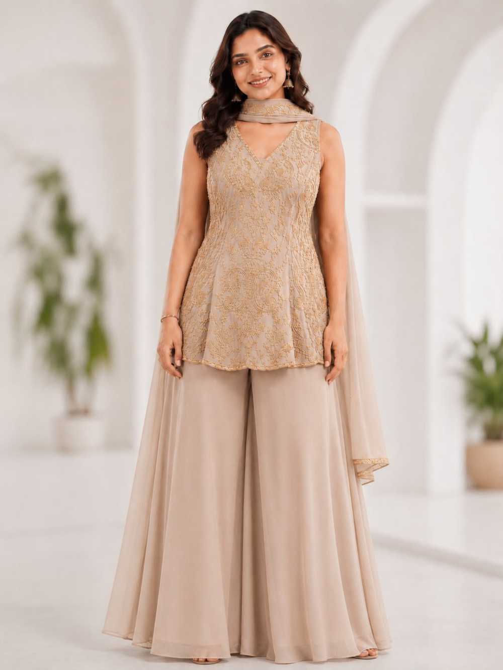 Women's Champagne mbroidered Peplum Kurti with Flared Sharara & Neck Scarf Set