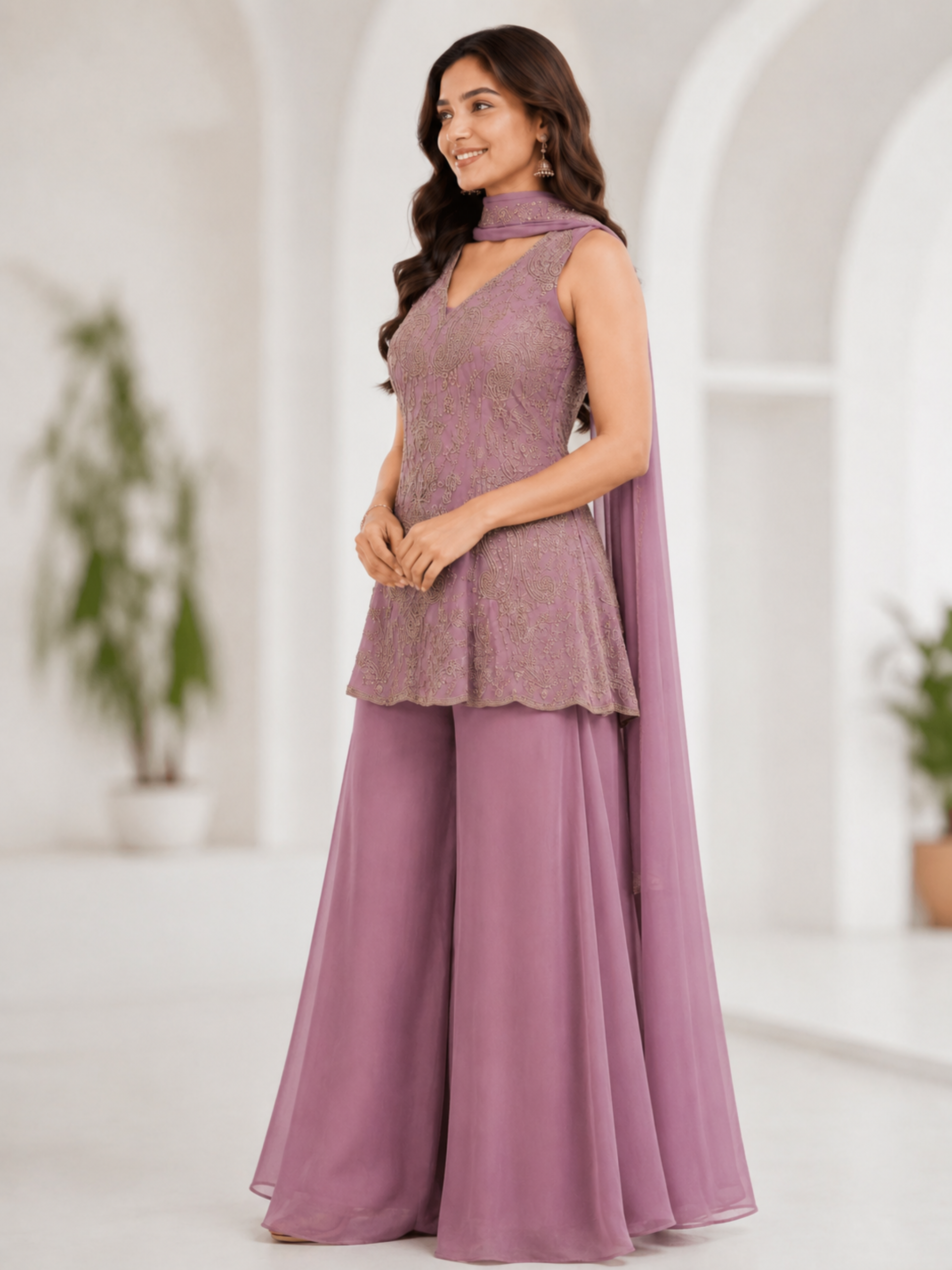 Women's Champagne mbroidered Peplum Kurti with Flared Sharara & Neck Scarf Set - Image 6