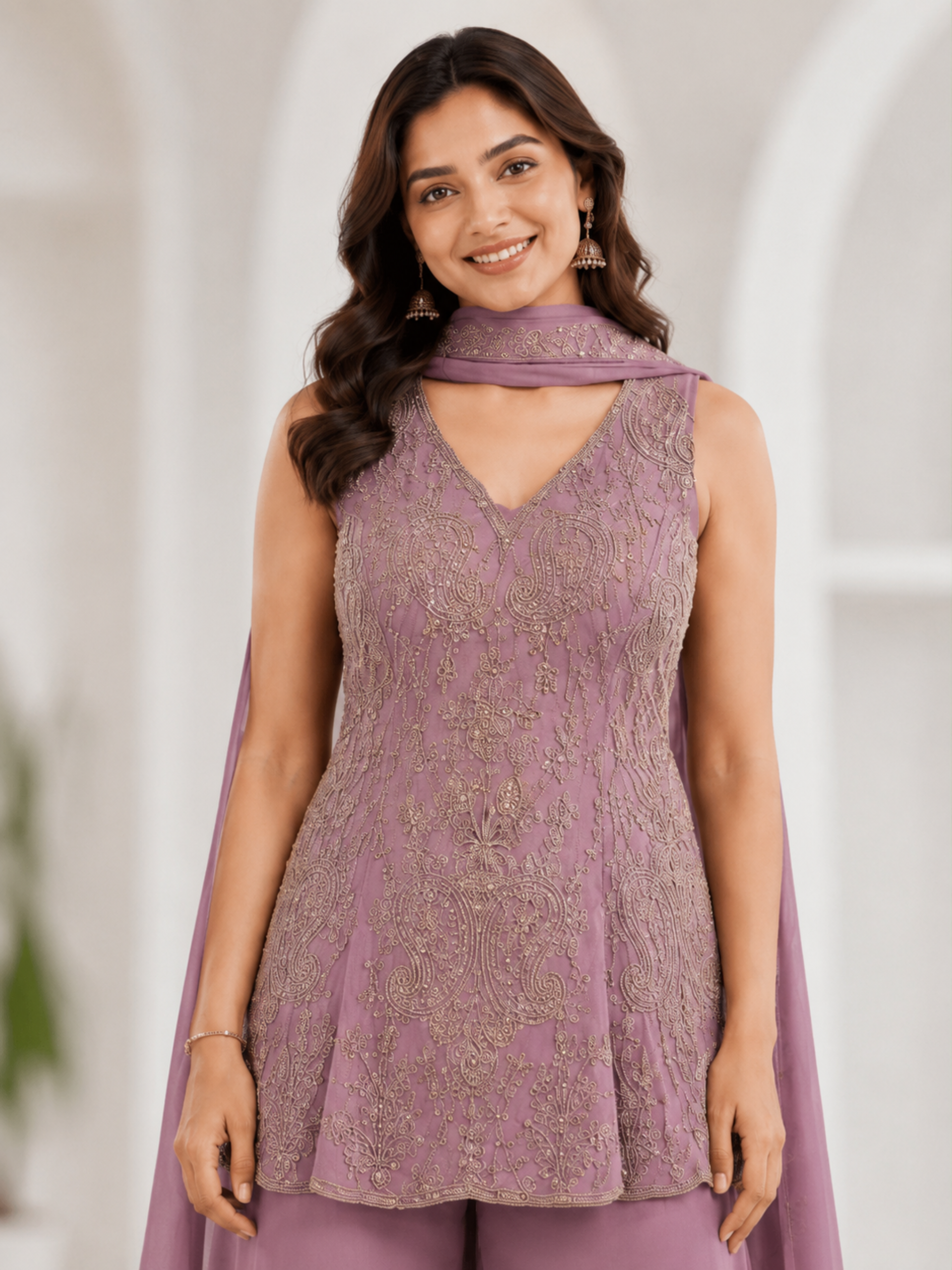 Women's Champagne mbroidered Peplum Kurti with Flared Sharara & Neck Scarf Set - Image 5