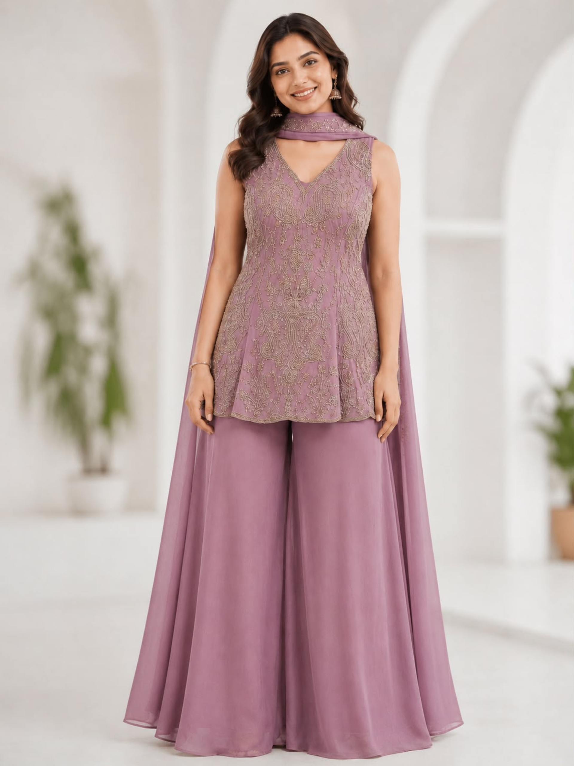 Women's Champagne mbroidered Peplum Kurti with Flared Sharara & Neck Scarf Set - Image 4