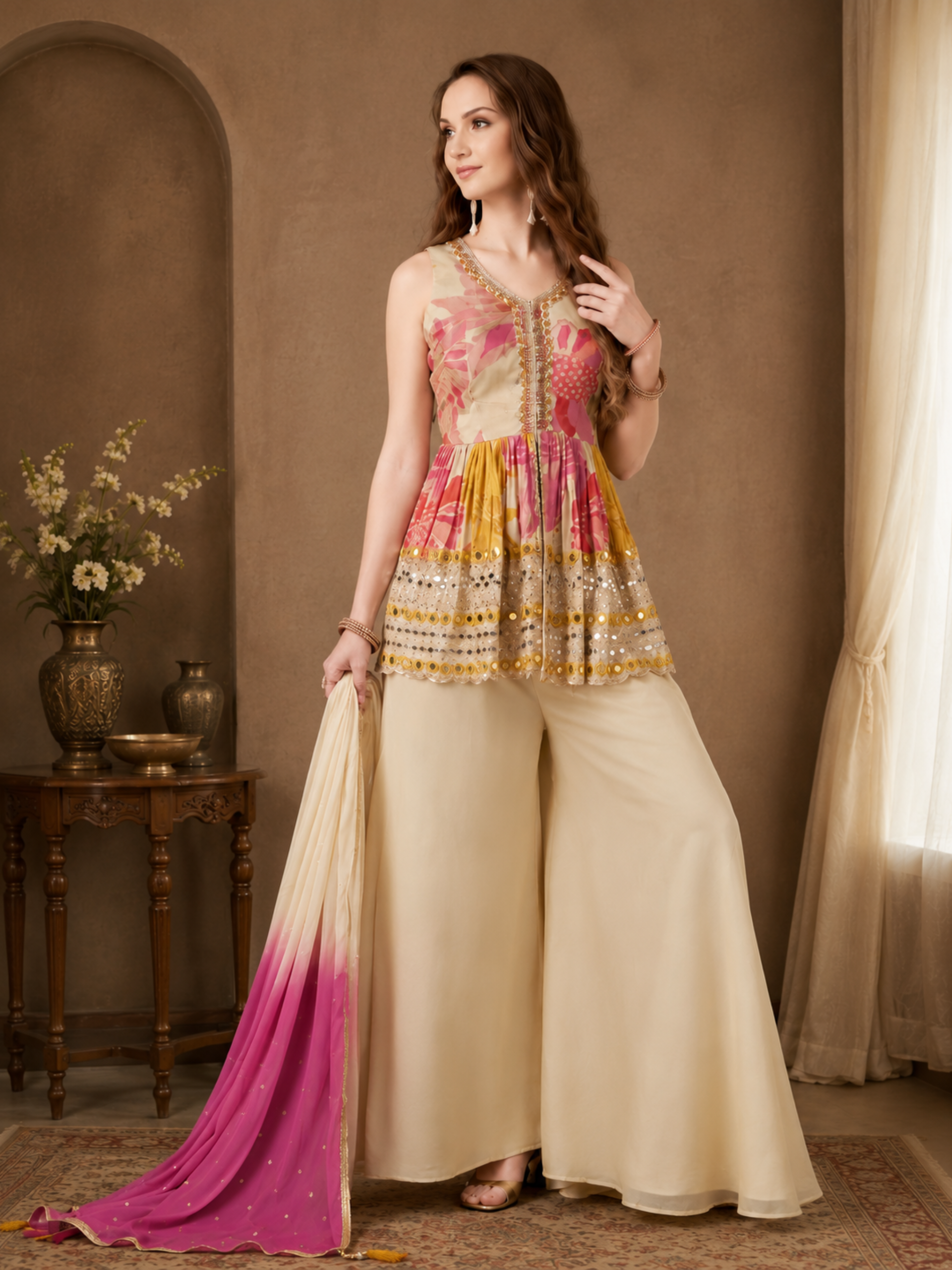 Women's Floral Embroidered Peplum Kurti with Sharara & Ombre Dupatta Set - Image 3