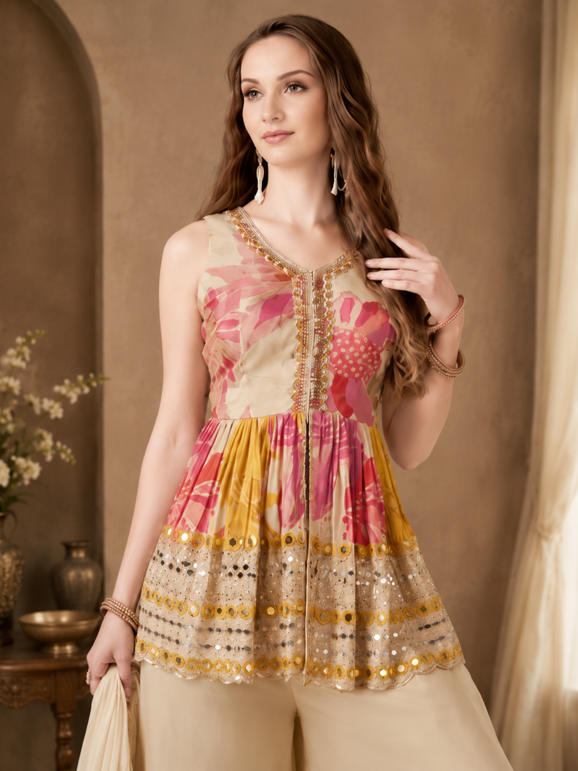 Women's Floral Embroidered Peplum Kurti with Sharara & Ombre Dupatta Set - Image 2