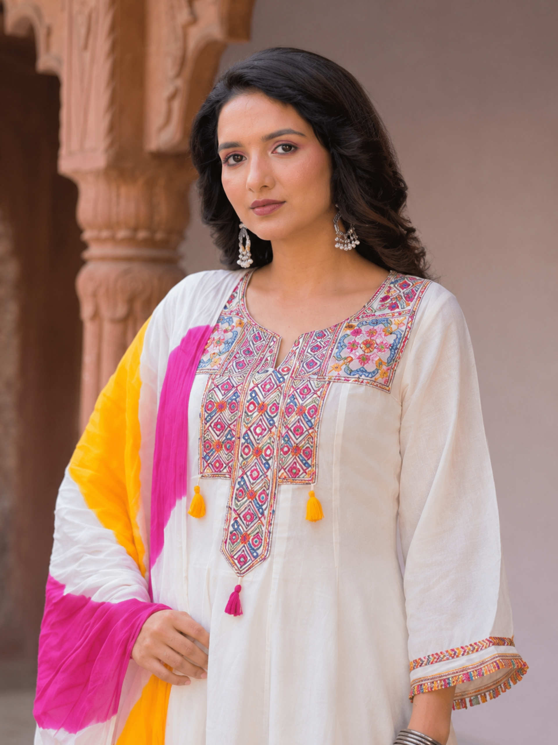 Siddhivinayak Premium White Cotton Anarkali Suit Set with Designer Leheriya Dupatta - Image 2