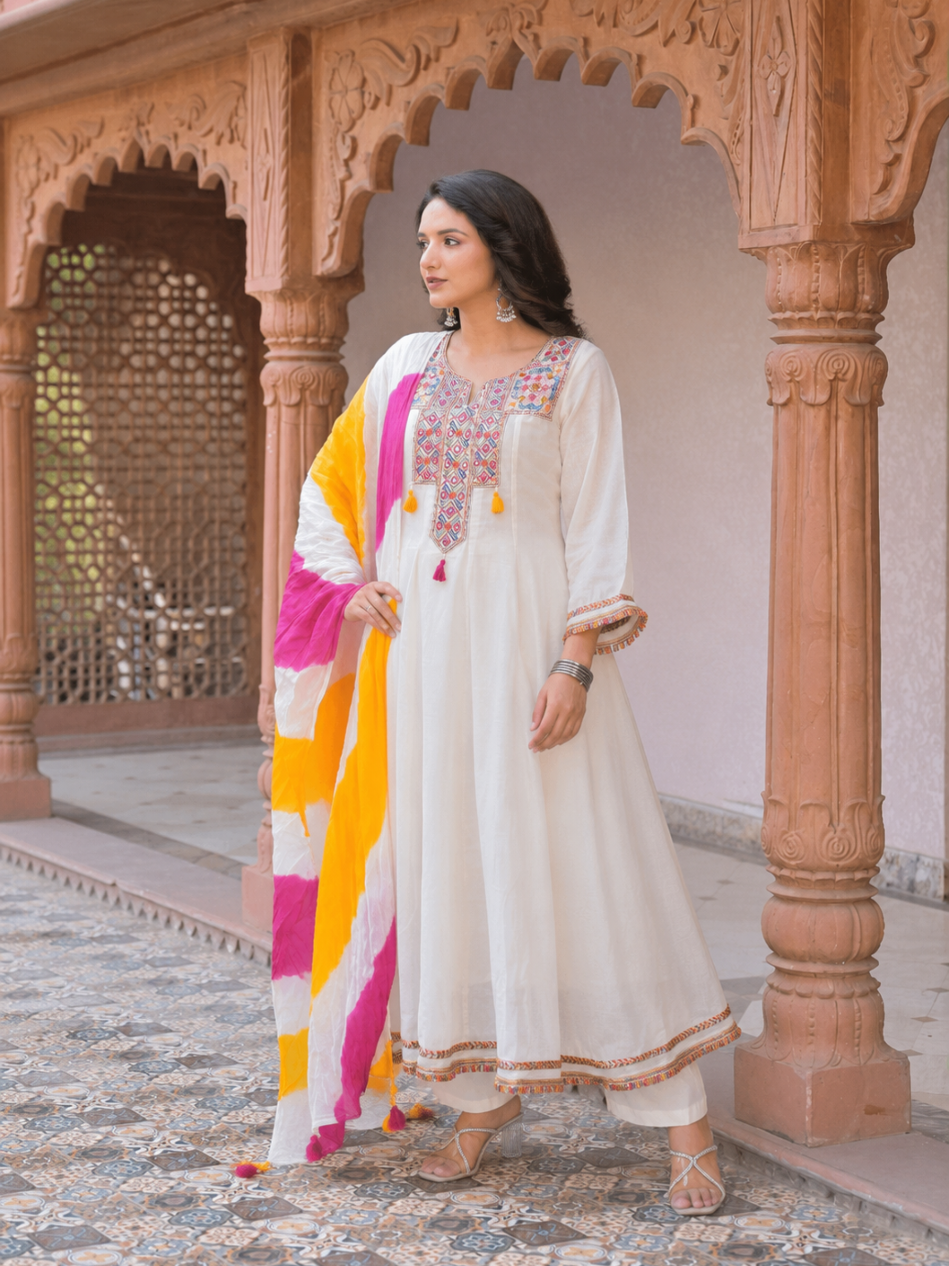 Siddhivinayak Premium White Cotton Anarkali Suit Set with Designer Leheriya Dupatta - Image 3