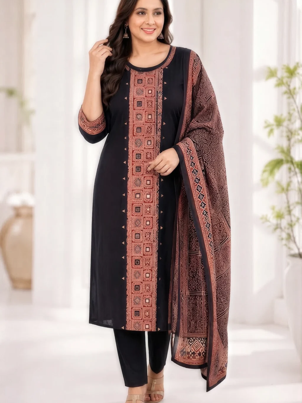 Black Printed Kurti with Matching Dupatta