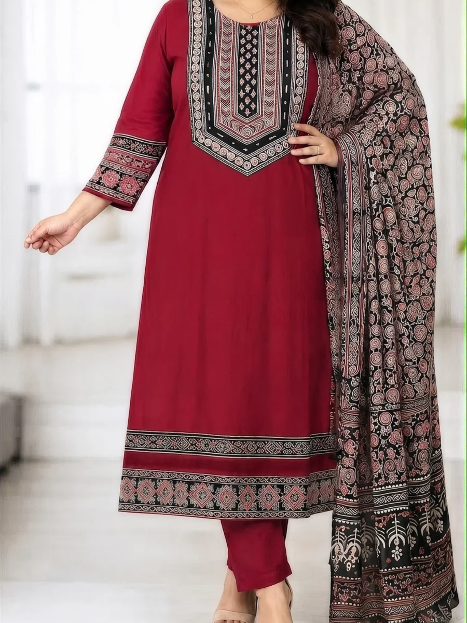 Maroon Printed Kurti with Dupatta