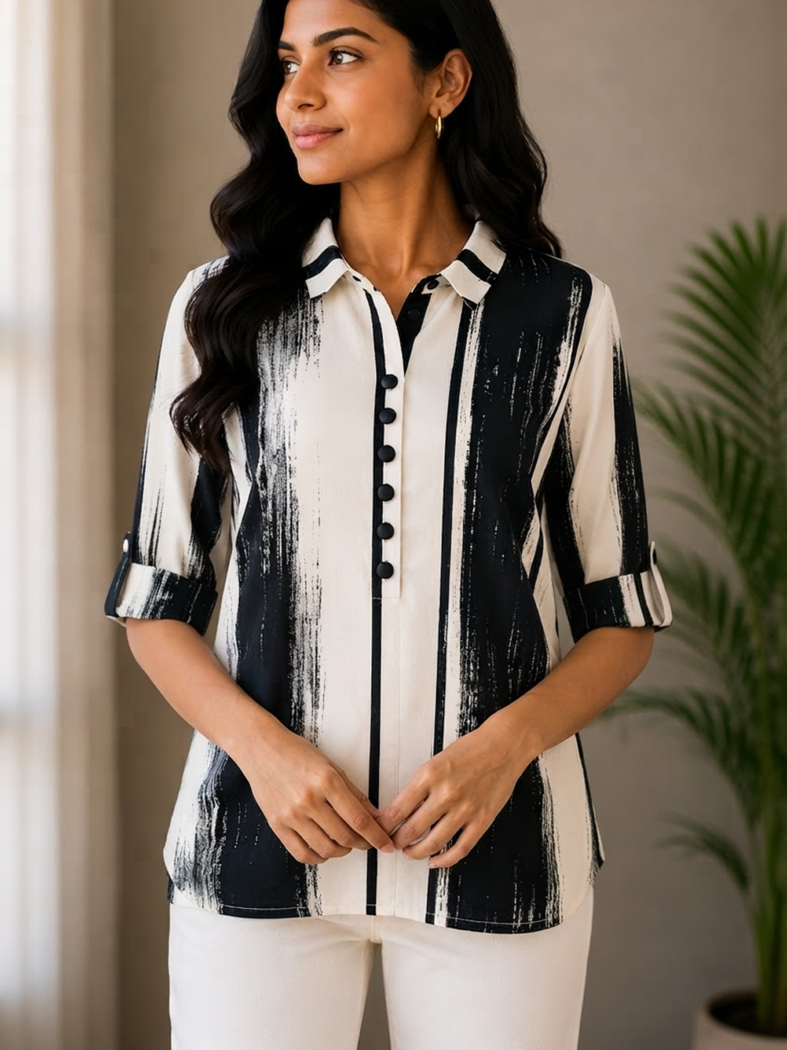Black & White Striped Printed Women's Top