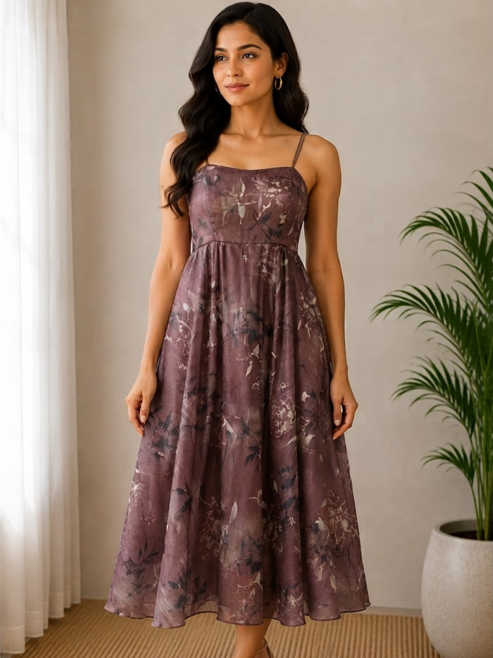 Elegant Floral Print Spaghetti Strap Midi Dress