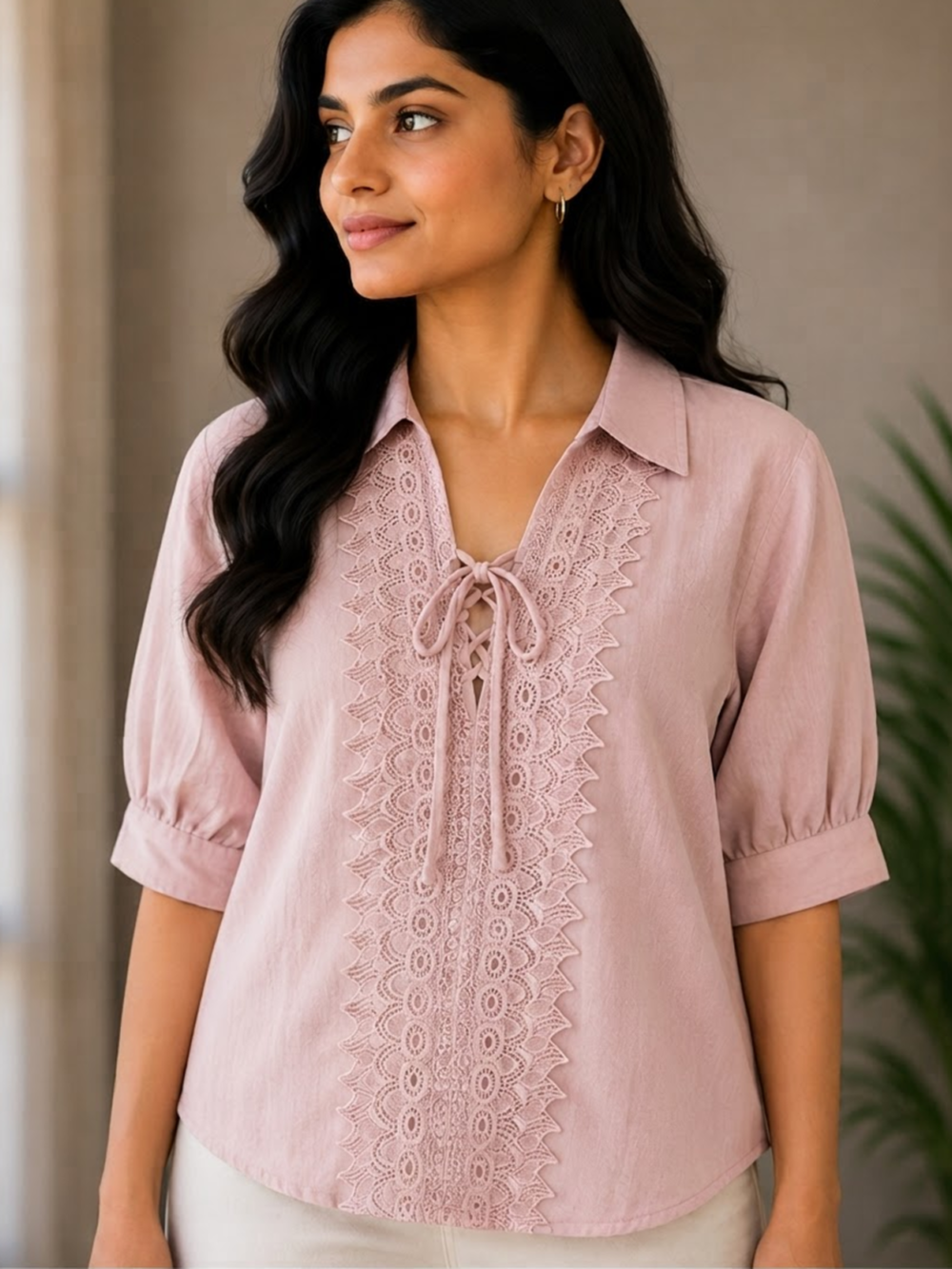 Elegant Pink Lace Front Tie-Up Top
