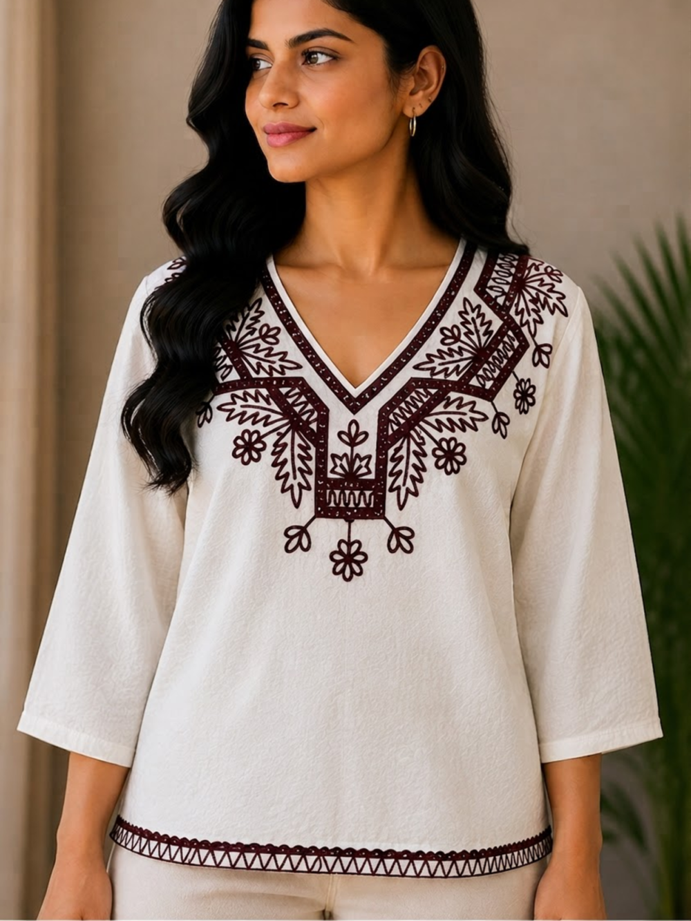 Elegant White & Black Embroidered Women's Top