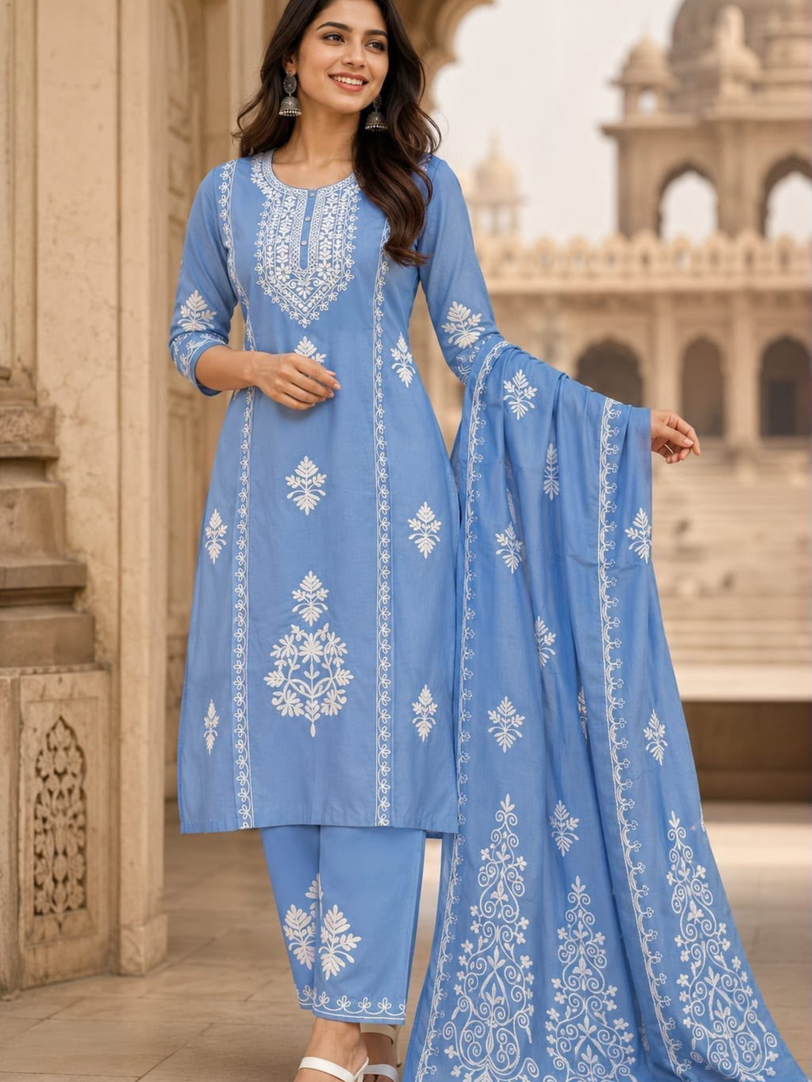 Premium Embroidered A-Line Kurti Set with Printed Dupatta - Image 11