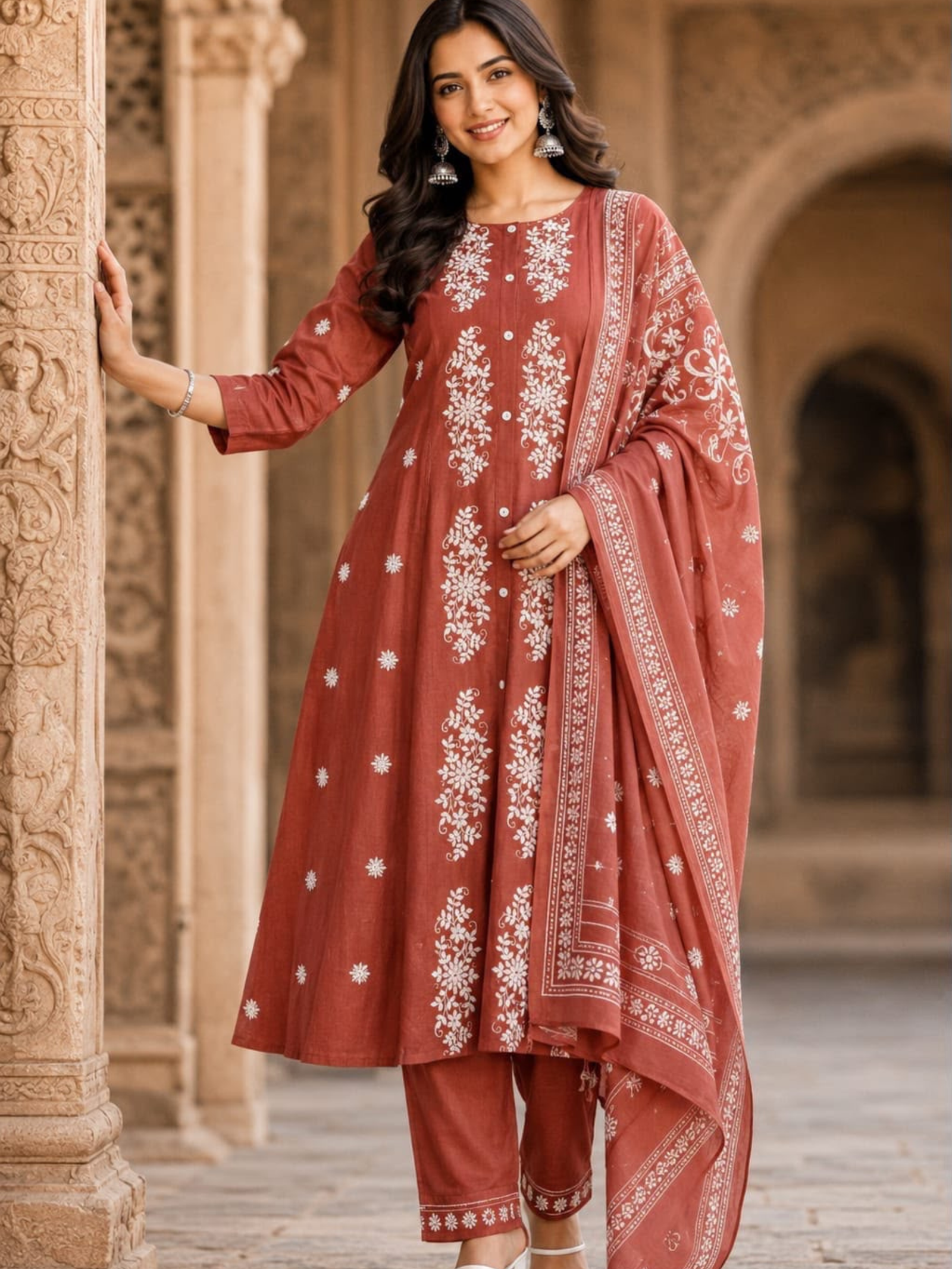 Premium Embroidered A-Line Kurti Set with Printed Dupatta - Image 2