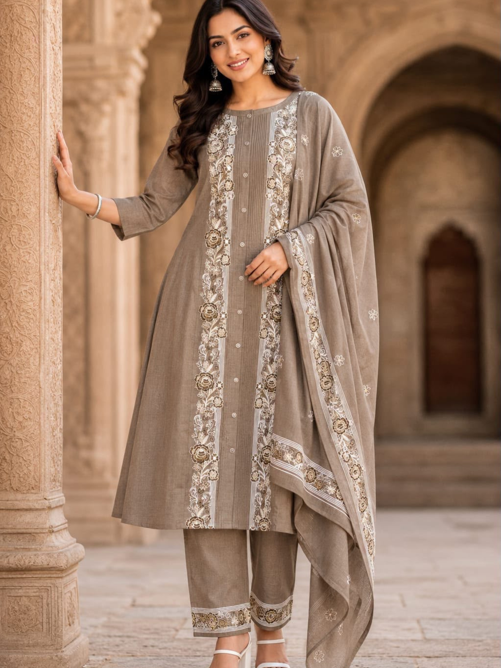 Premium Embroidered A-Line Kurti Set with Printed Dupatta - Image 3