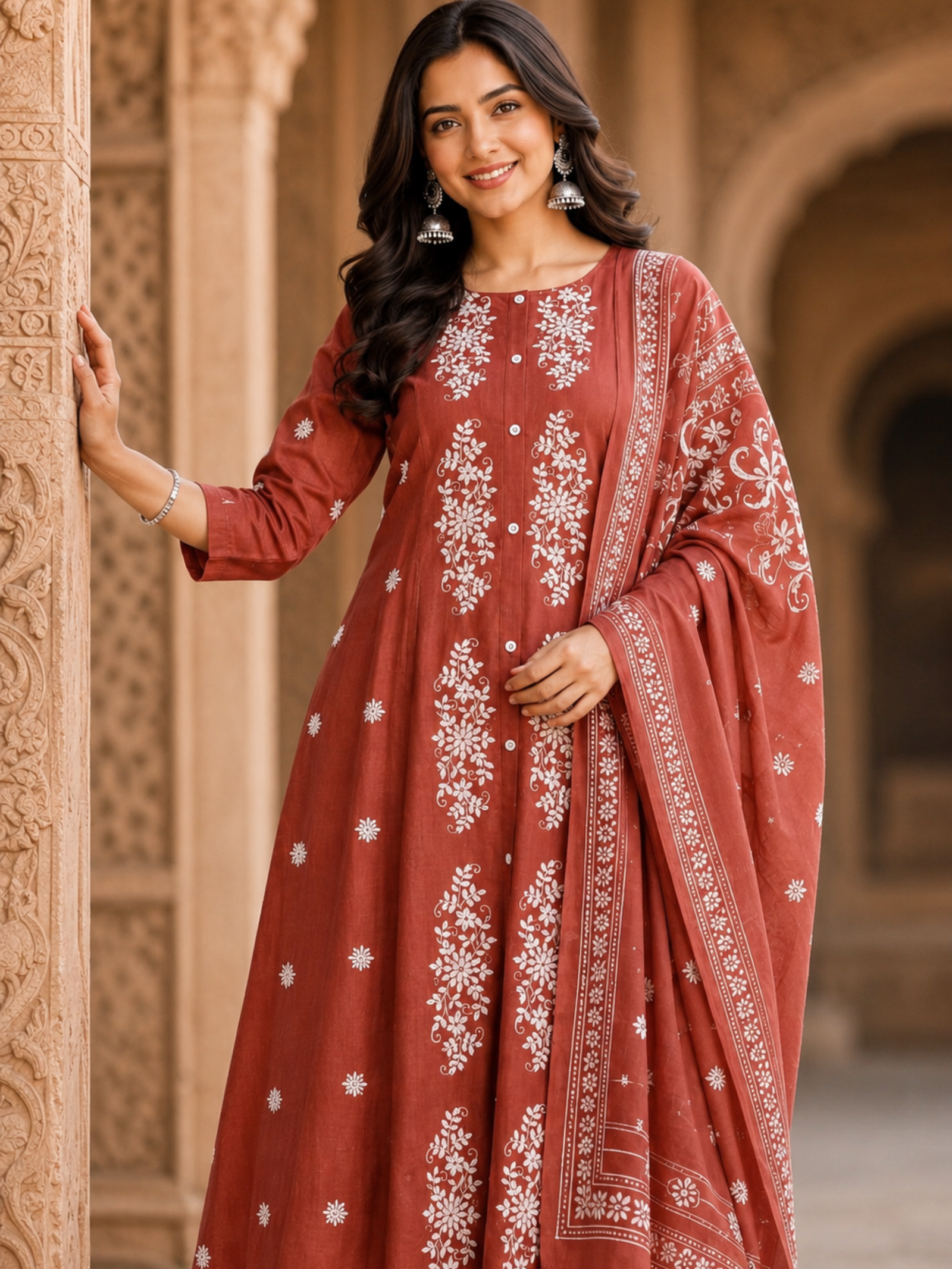 Premium Embroidered A-Line Kurti Set with Printed Dupatta