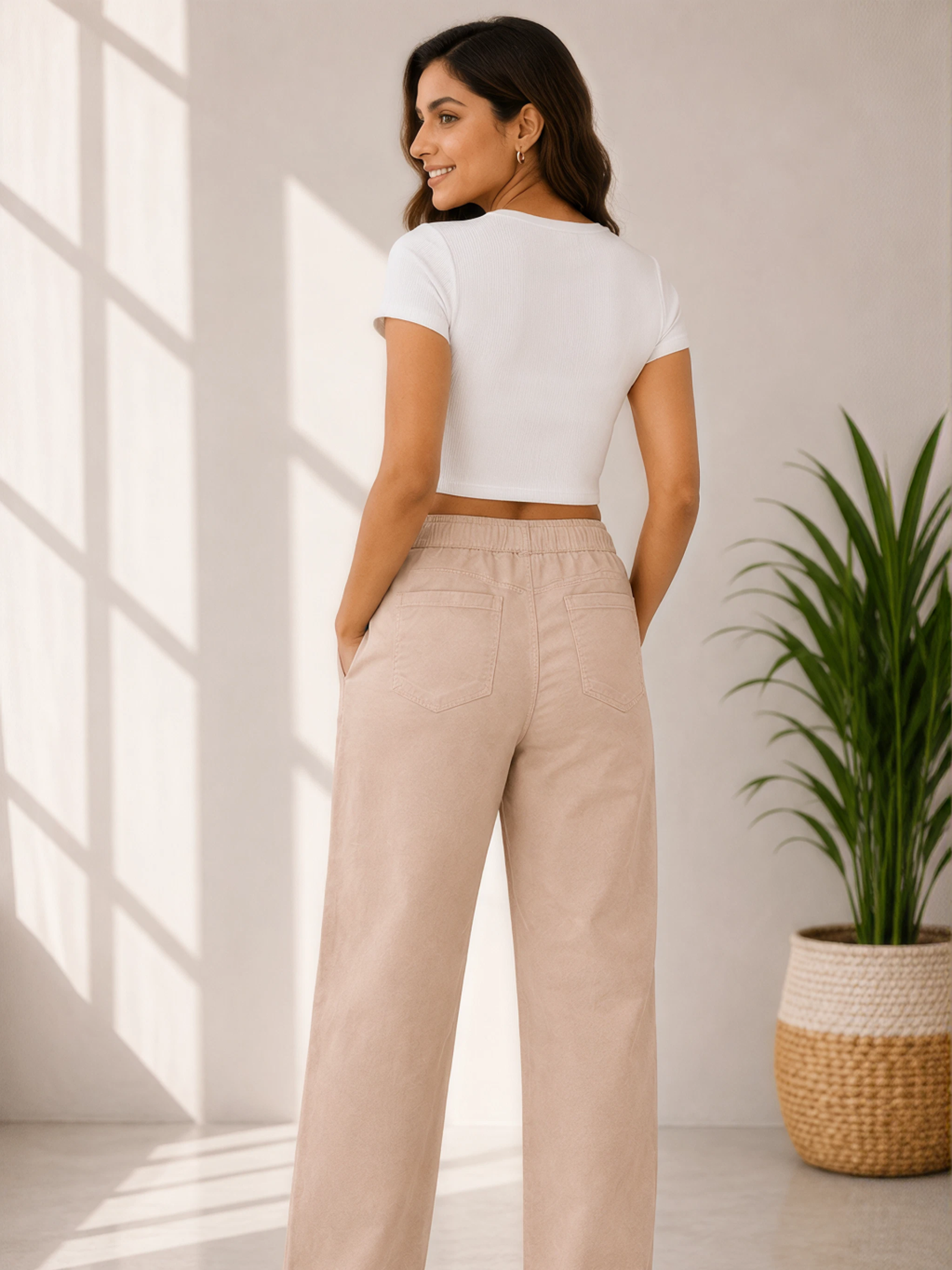 Women's Soft Linen Drawstring Wide Leg Palazzo Pants - Image 2