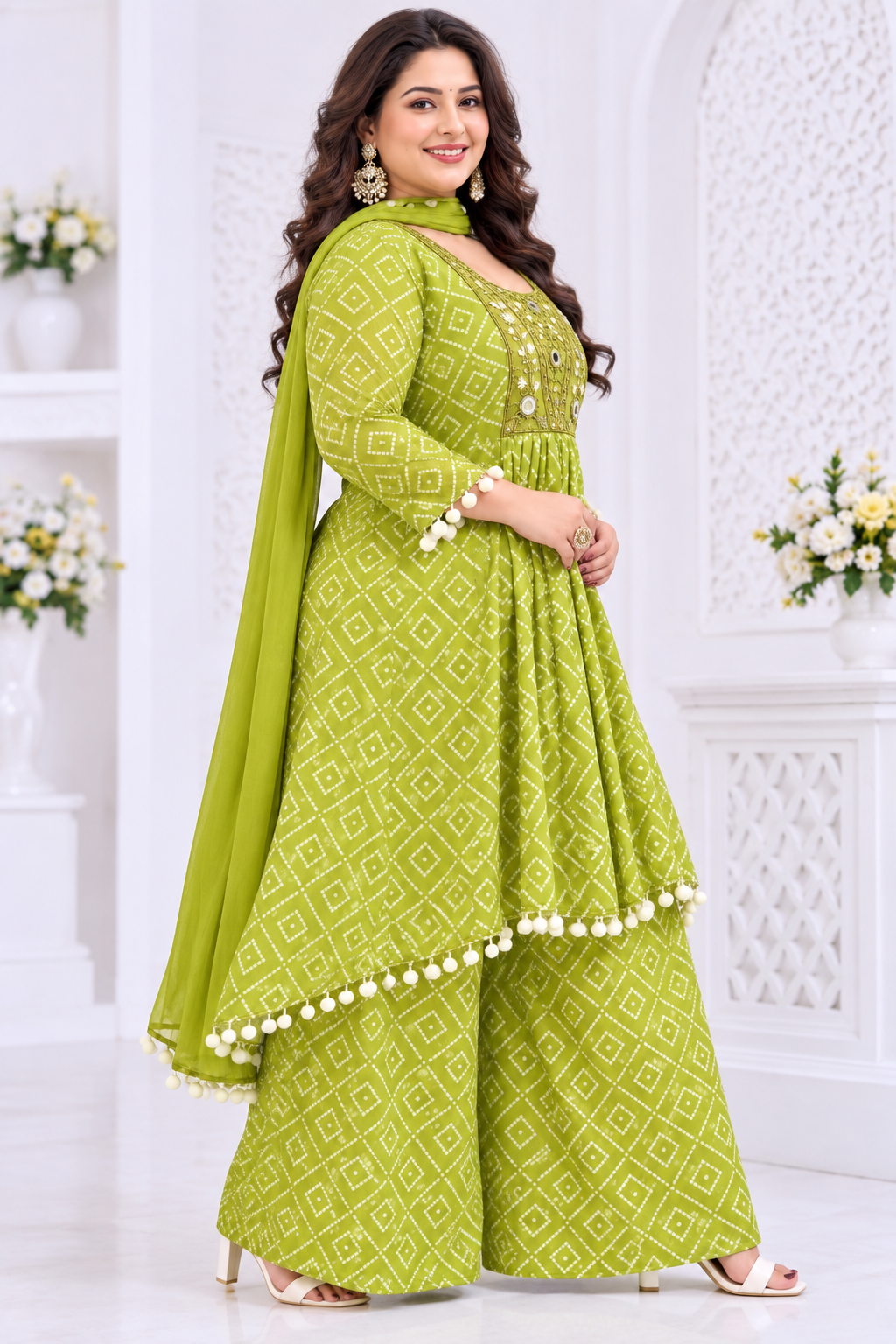 Designer Bandhani Print High-Low Kurti Palazzo Set - Image 5