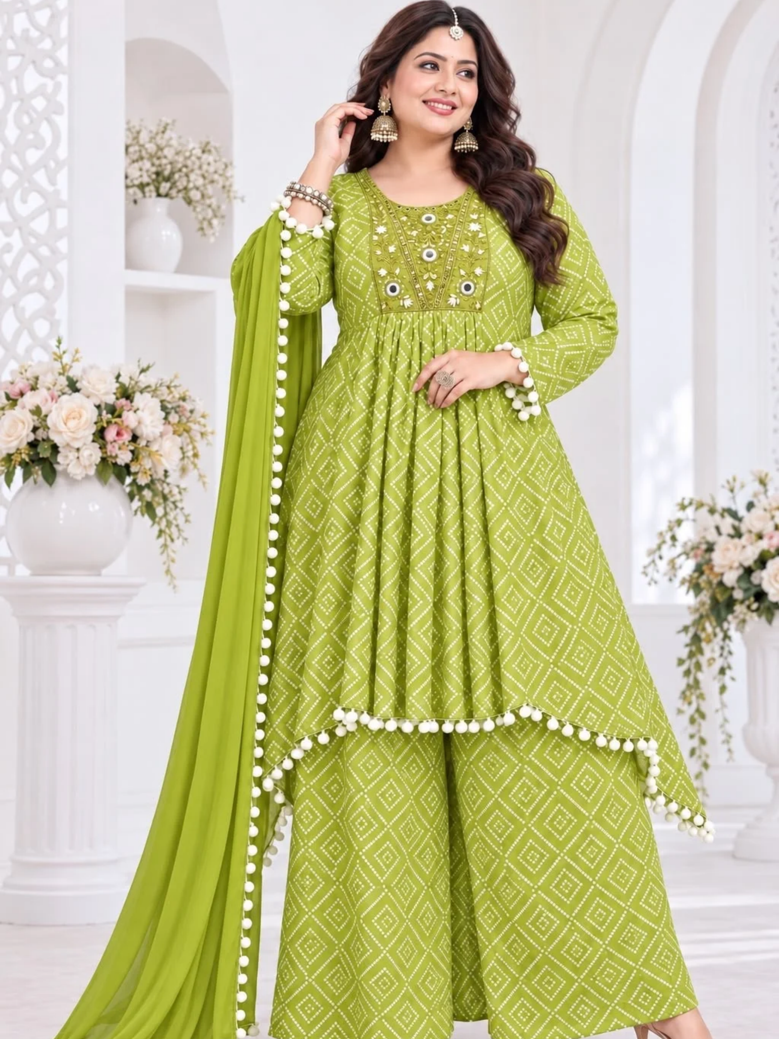 Designer Bandhani Print High-Low Kurti Palazzo Set - Image 2