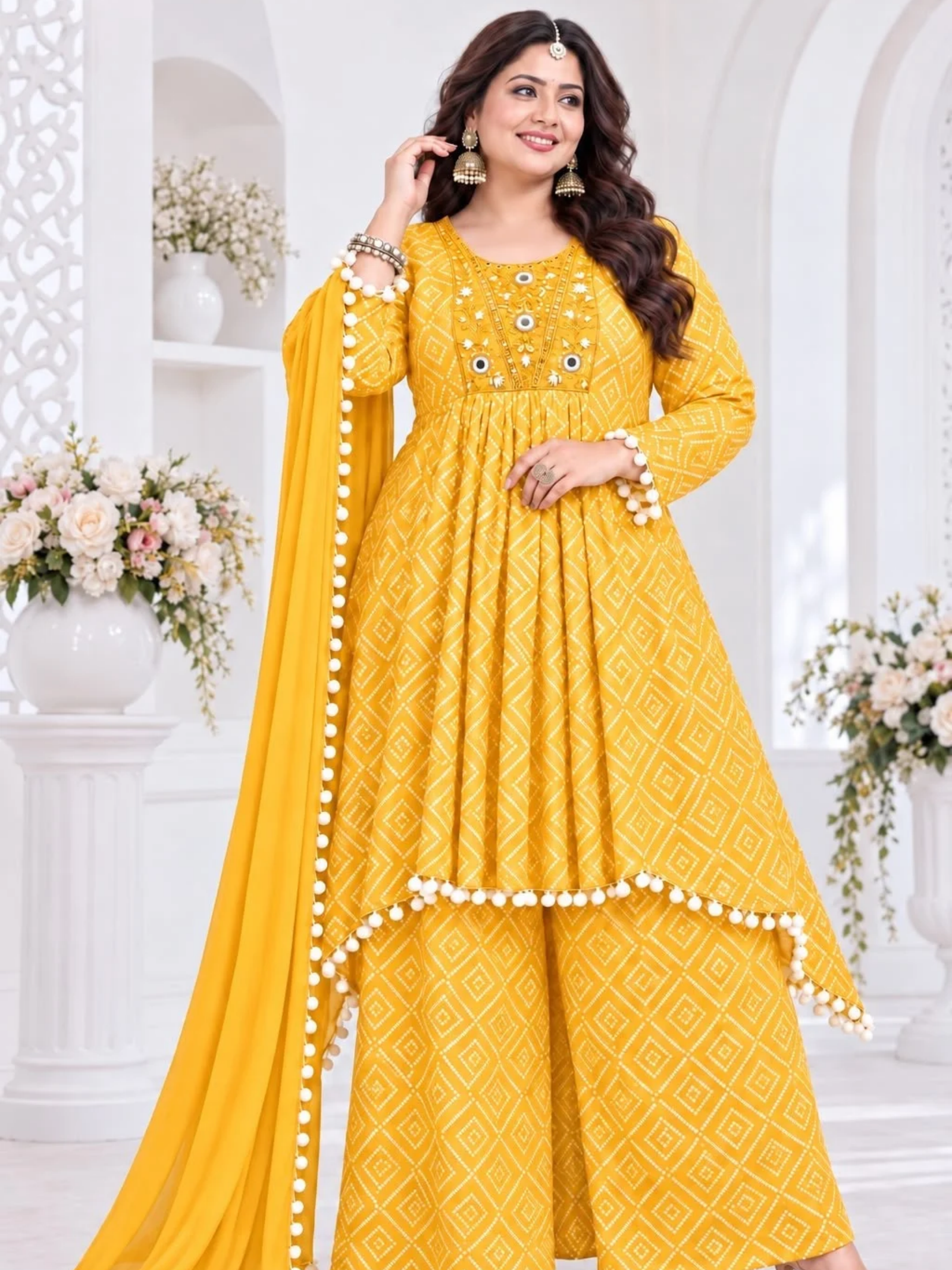 Designer Bandhani Print High-Low Kurti Palazzo Set - Image 3