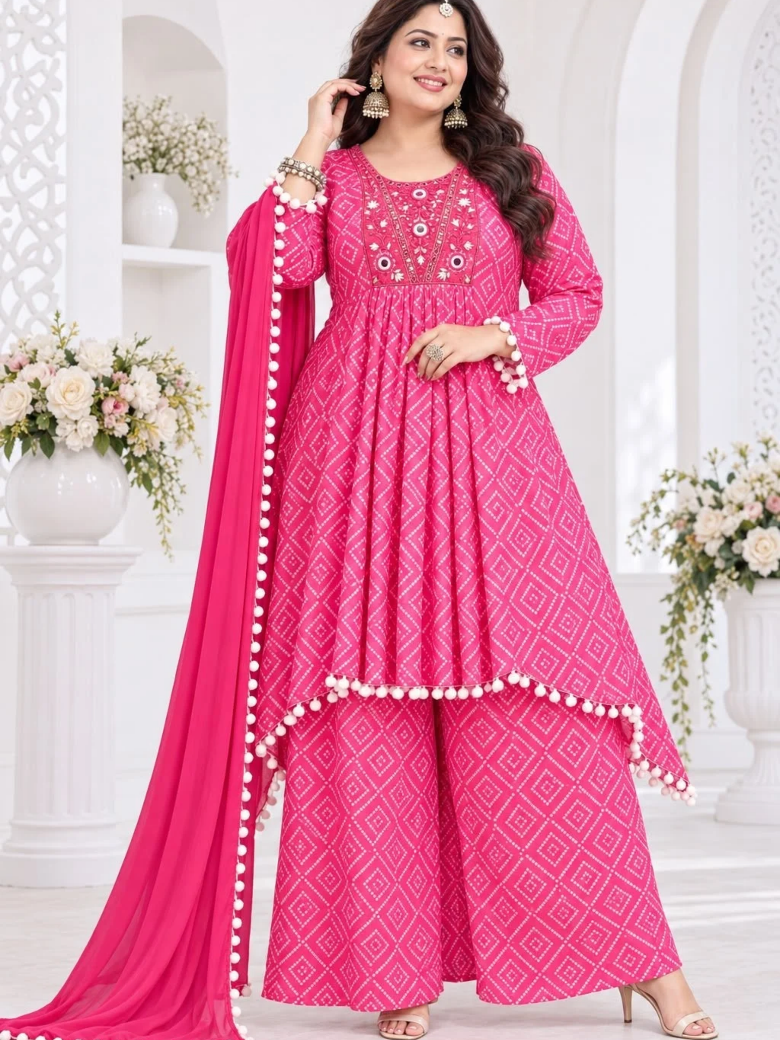 Designer Bandhani Print High-Low Kurti Palazzo Set - Image 4