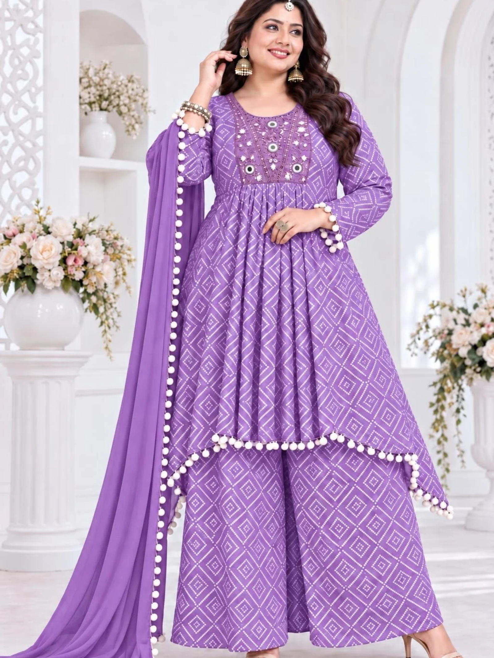 Designer Bandhani Print High-Low Kurti Palazzo Set