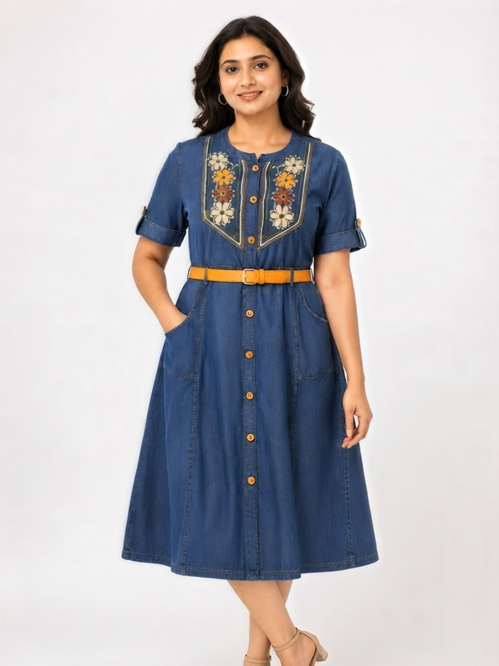 PREMIUM DENIM EMBROIDERED MIDI DRESS