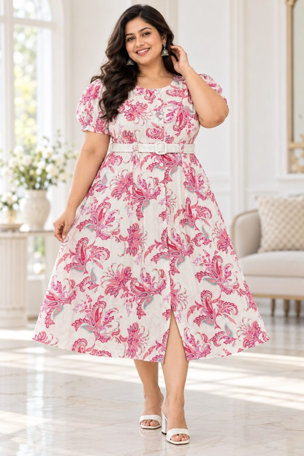 Floral Paisley Printed Midi Dress with Belt