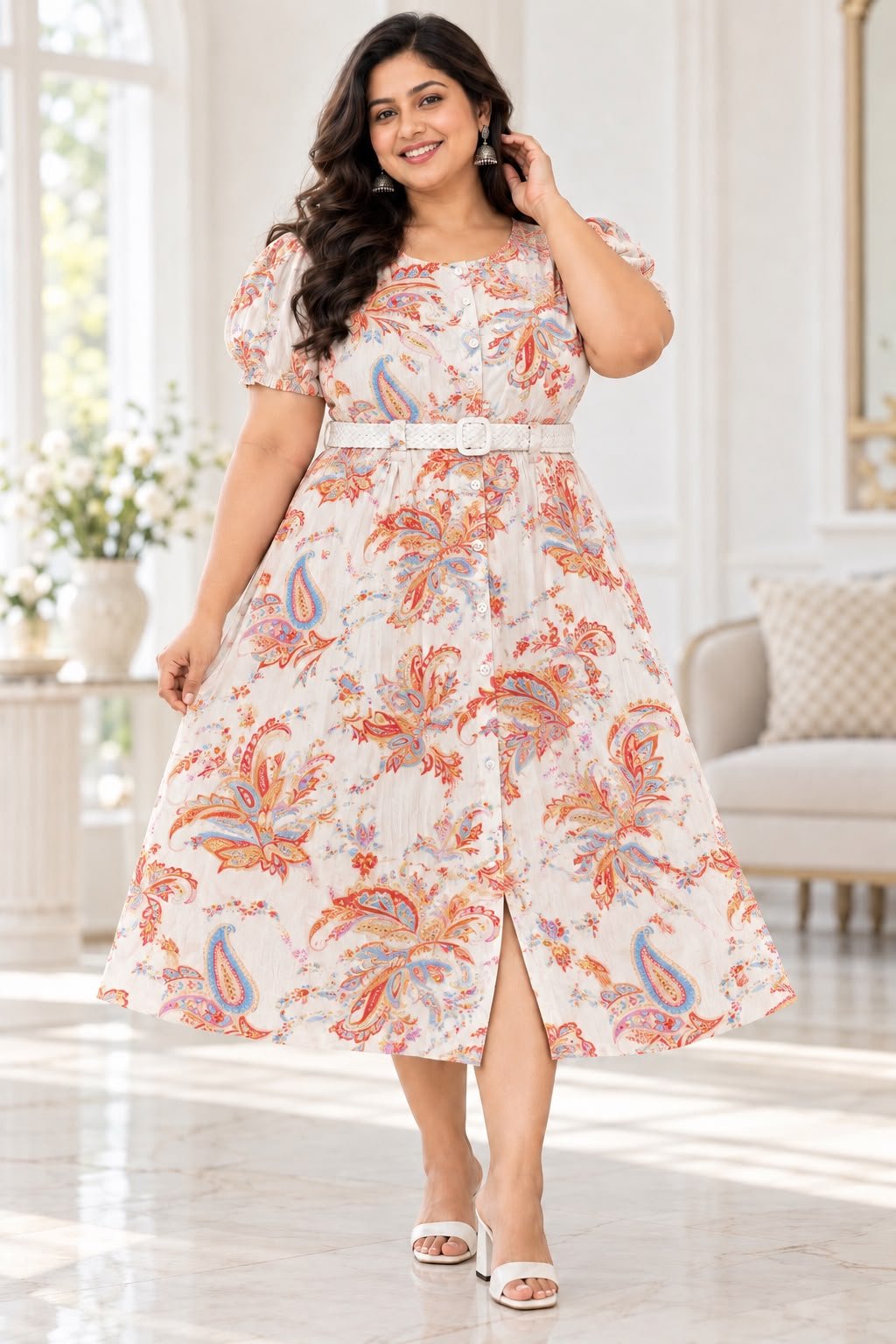 Floral Paisley Printed Midi Dress with Belt - Image 2