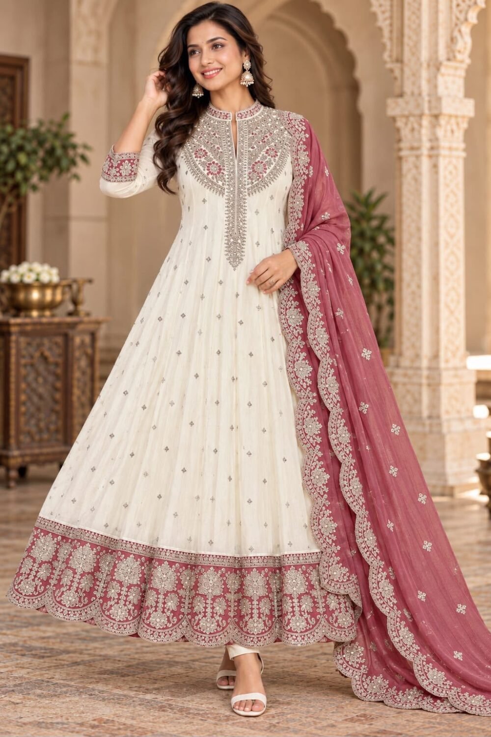 Embroidered Anarkali Suit with Rose Pink Dupatta