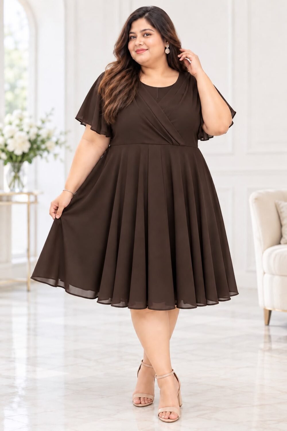 Midi Dress with Layered Flutter Sleeves