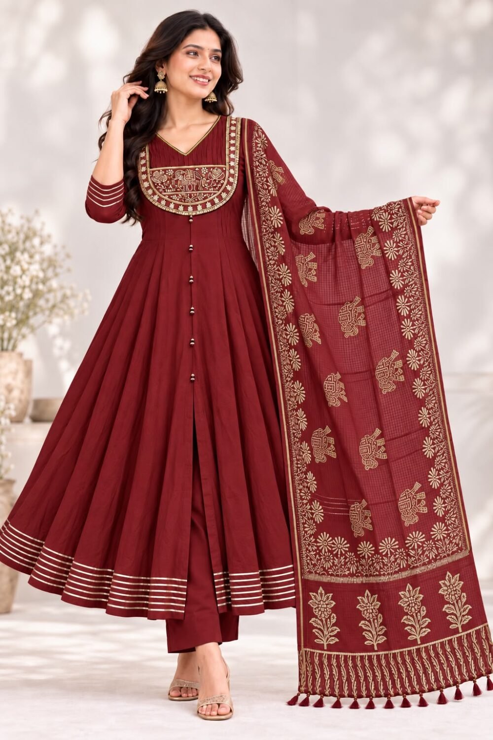 Olive Green Printed Anarkali Suit Set with Dupatta
