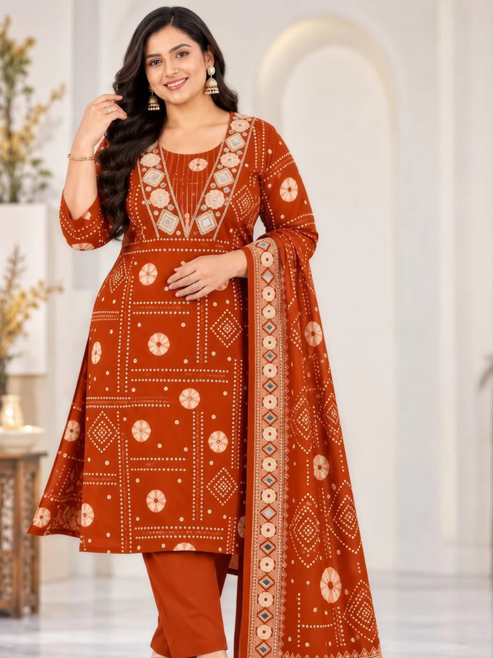 Rust Orange Printed Kurta Pant & Dupatta Set