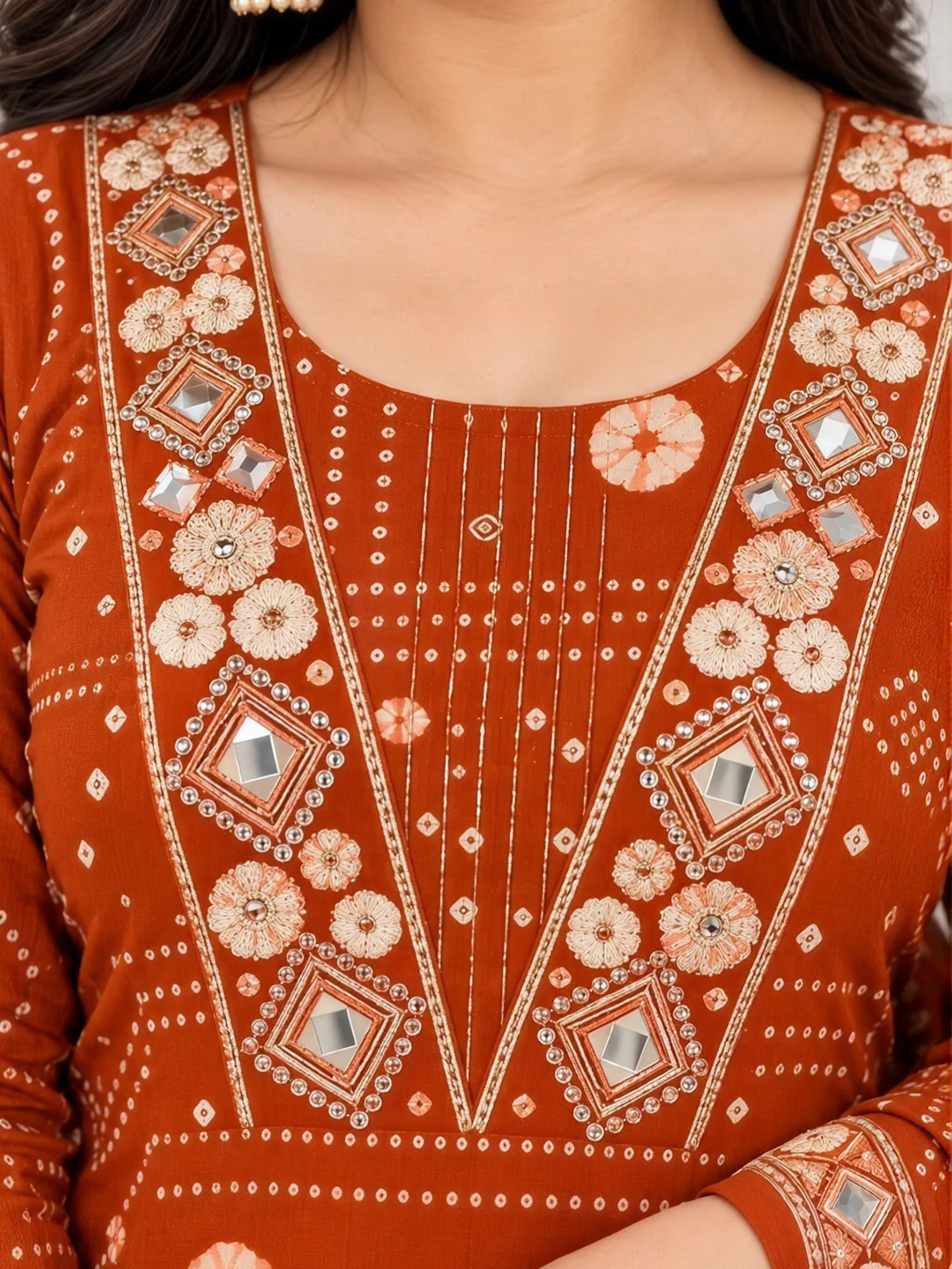 Rust Orange Printed Kurta Pant & Dupatta Set - Image 2