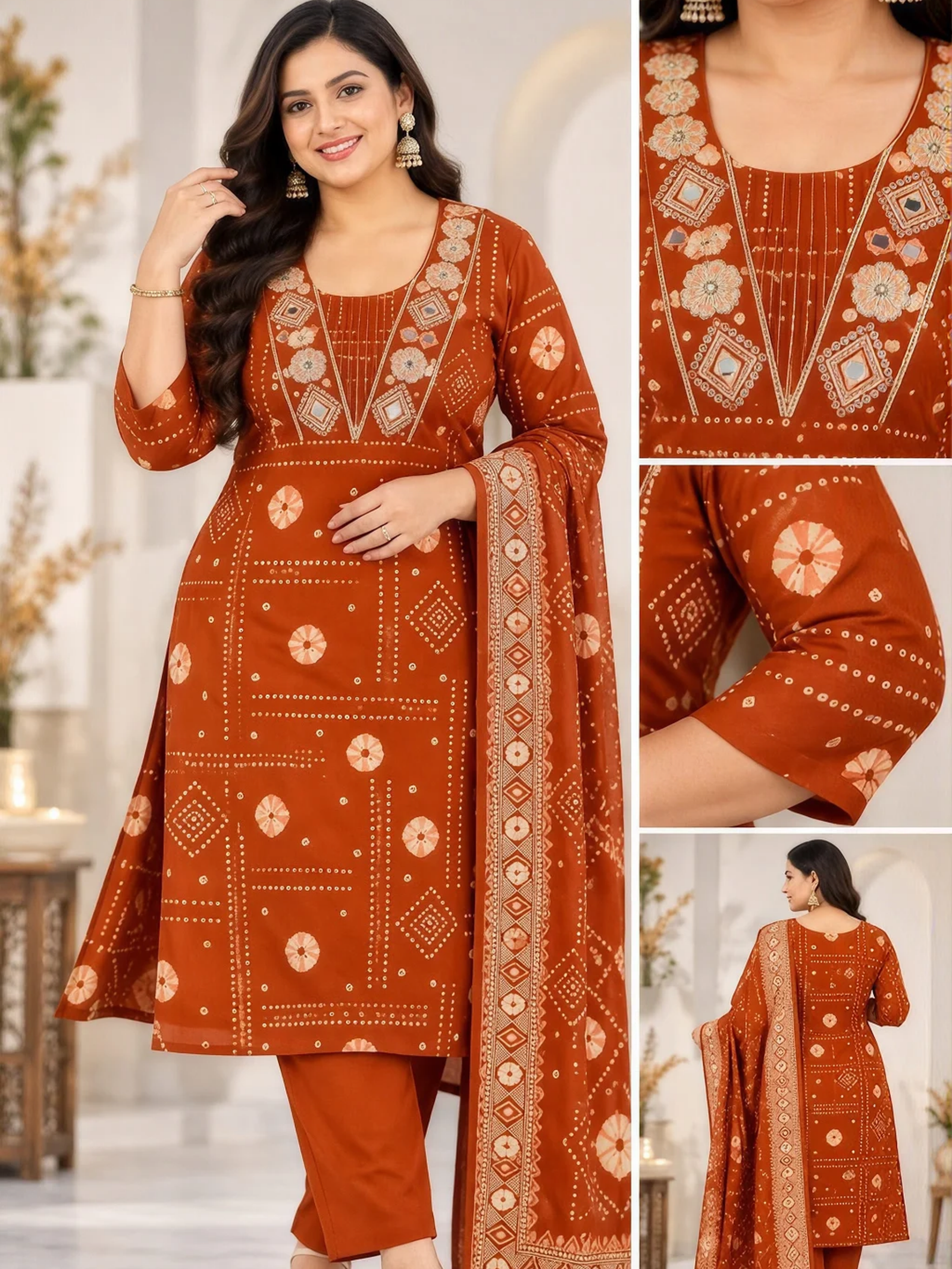 Rust Orange Printed Kurta Pant & Dupatta Set - Image 3