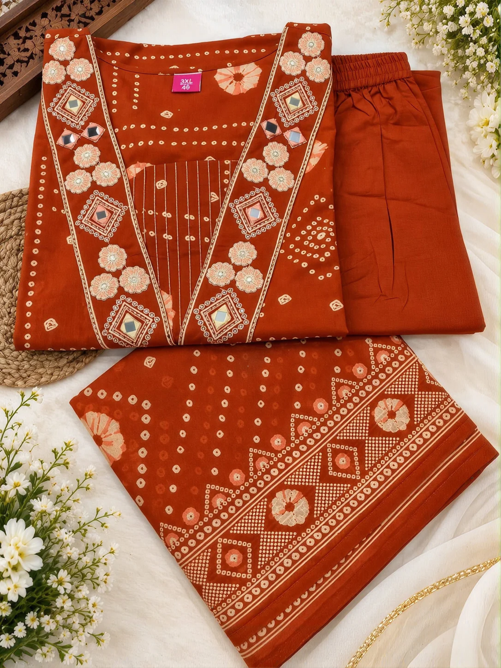 Rust Orange Printed Kurta Pant & Dupatta Set - Image 4